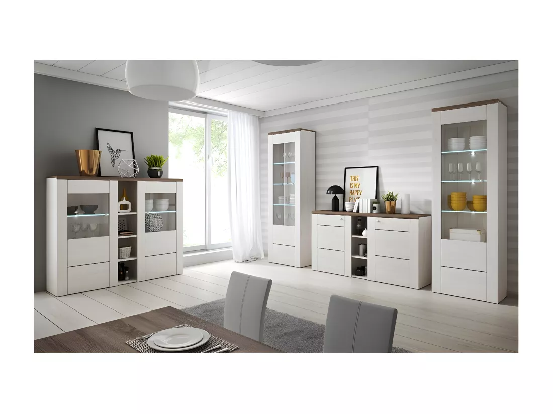 Vaisselier design 2 portes pour salon couleur blanc effet bois et chêne. Collection SANTIAGO.