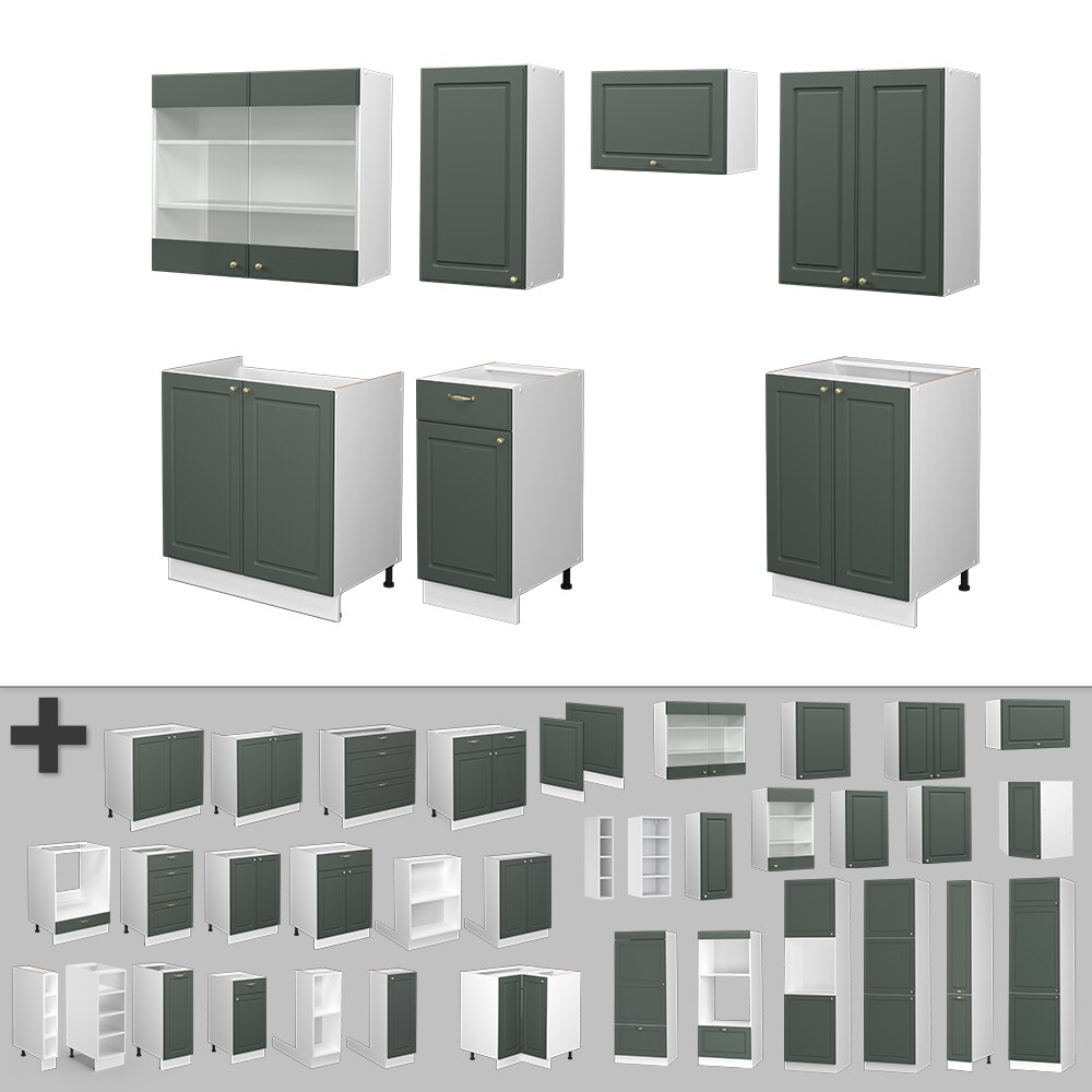 Vicco Küchenzeile Küchenblock Einbauküche Fame-Line Landhaus Weiß Grün Gold 240 cm Küchen Schränke Spülenunterschrank Schubunterschrank Hängeschrank Hängeglasschrank