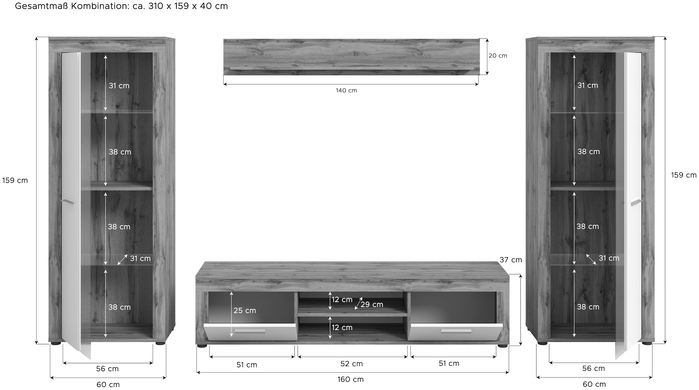 INOSIGN Wohnwand »Aosta, Breite 310cm, best. aus: 2x Vitrine, Lowboard, Wandboard«