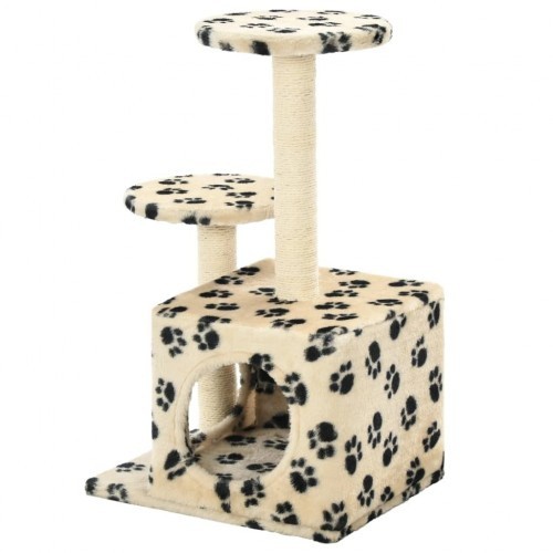 Arranhador bege para gatos com estampa de sisal e pegadas.
