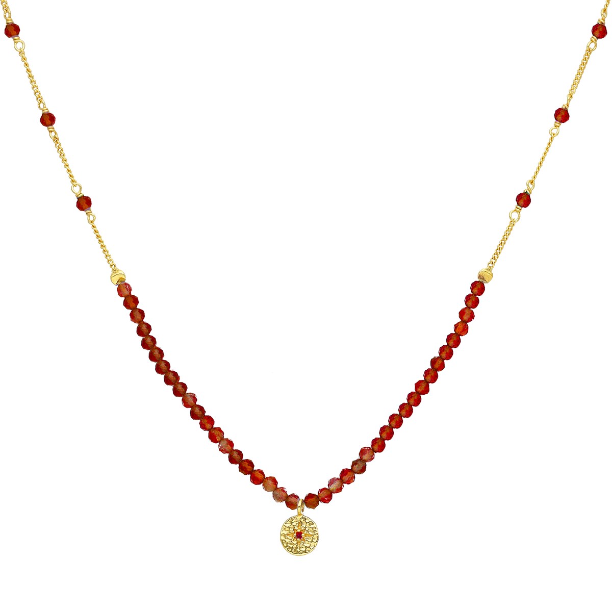 Collier Chaîne Argent Doré Avec Perles D'onyx Rouge Et Pampille