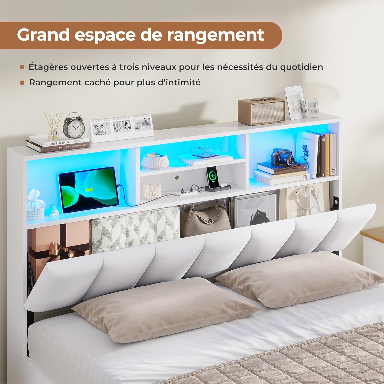 AOGLLATI Bett 140×200 cm, Polsterbett mit Ladestation und LED-Beleuchtung, Doppelbett Stauraumbett mit Stauraum Kopfteil, 4 Schubladen, Lattenrost, ohne Matratze(für 140 x 200 cm Matratze), weiß
