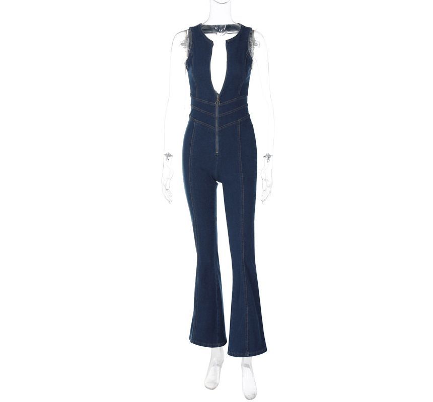 MOONGATE - Mouwloze V-hals denim bootcut jumpsuit met rits