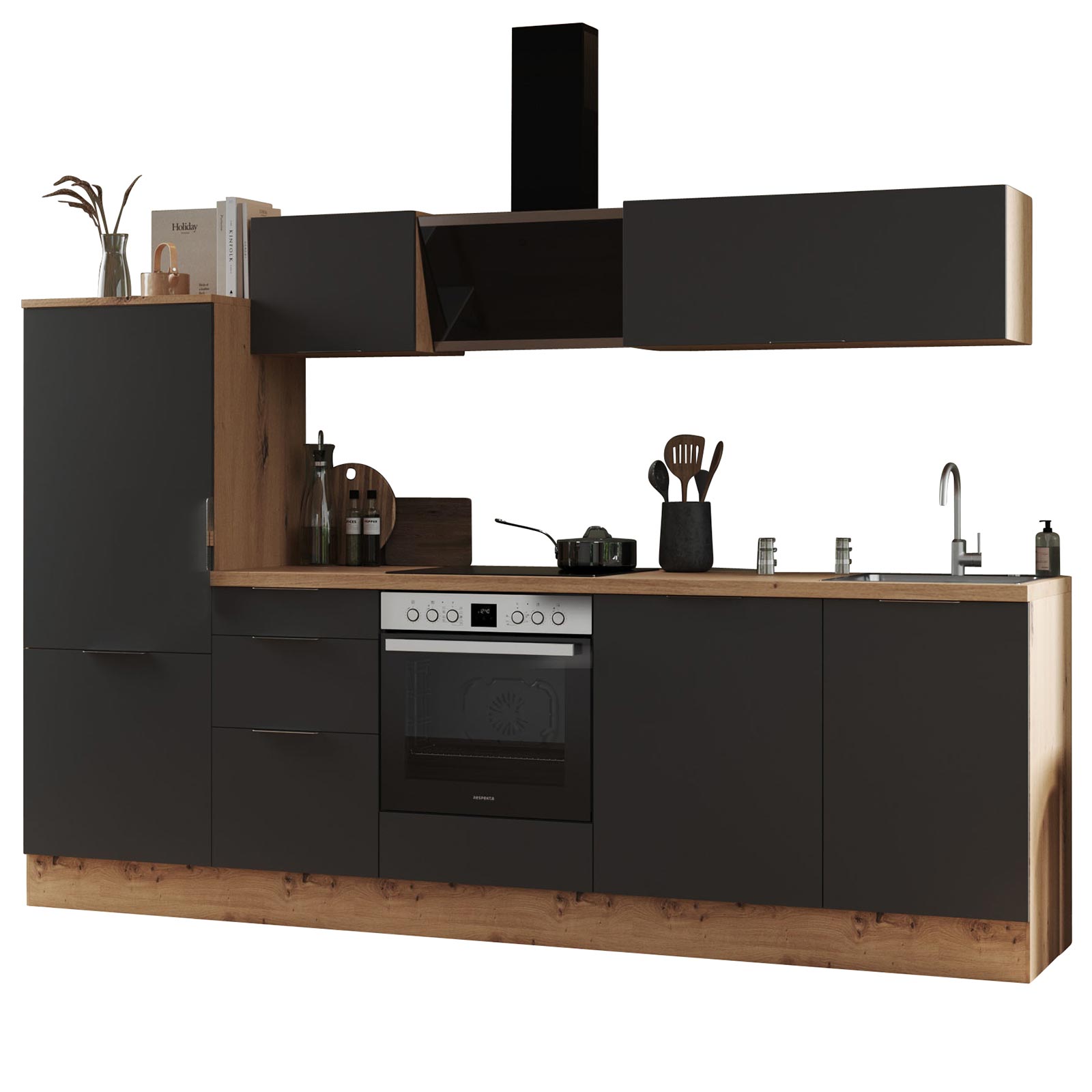 RESPEKTA Küchenblock - grau matt - Artisan Eiche - mit E-Geräten - 280 cm