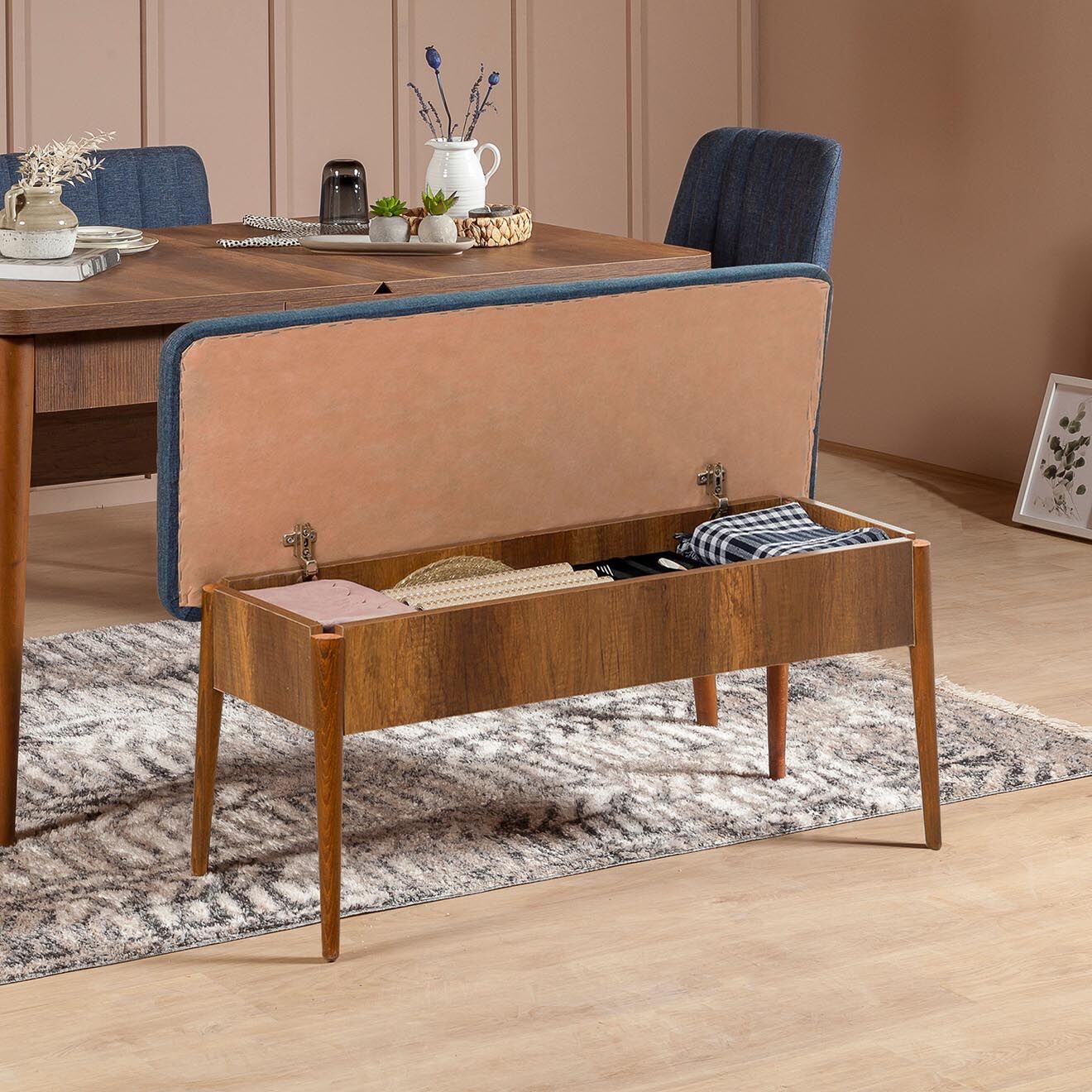 Wooden Art Ensemble table + 2 chaises + 2 bancs vina 1048 beige/bleu foncé