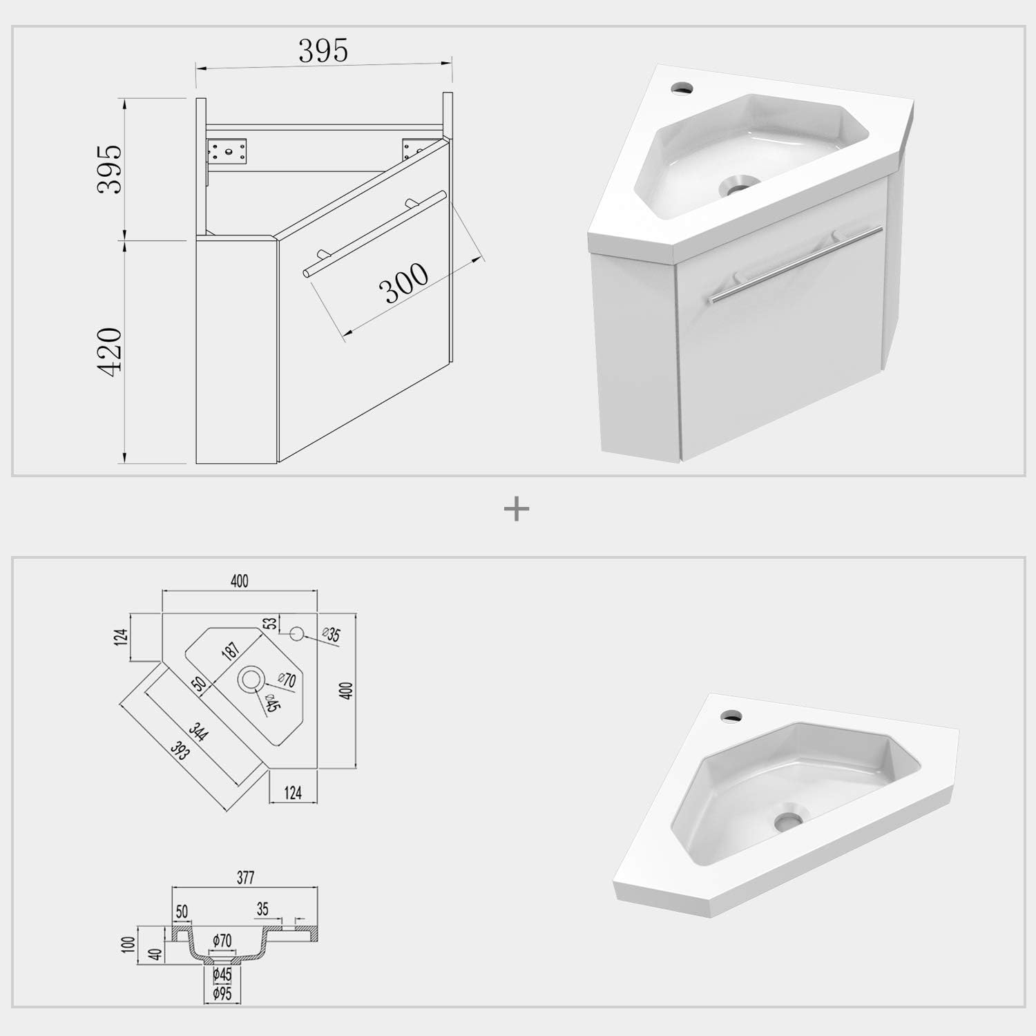Aica Sanitär Eckwaschtisch 40 cm Eckschrank Vormontieren Waschbecken mit Unterschrank Waschtisch kleinmöbel Weiß