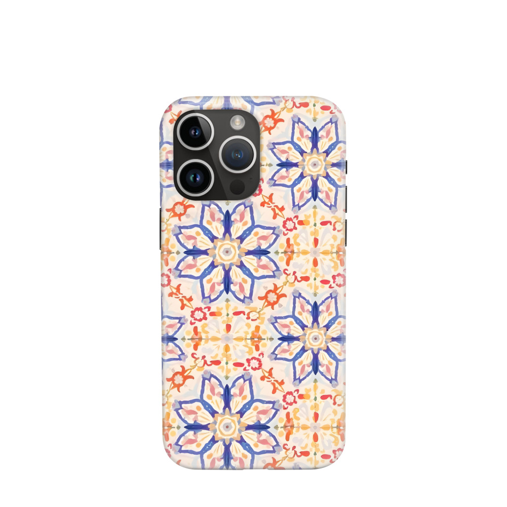 iPhone 14 Pro Max Hybrid (Kunststoff / Gummi) Hülle Majolika-Aquarellblüte - Blau / Gelb / Rot