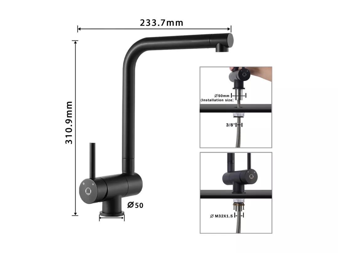 Evier 1 Bac en Quartz et Résine, 3 Options de Montage, 50*44*20cm + Mitigeur de Cuisine Rabattable Noir