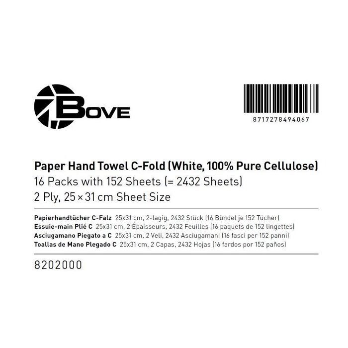 Handdoek Papieren C Vouw 2-laags 31x25 2432 stuks Wit BOVE (8202000)