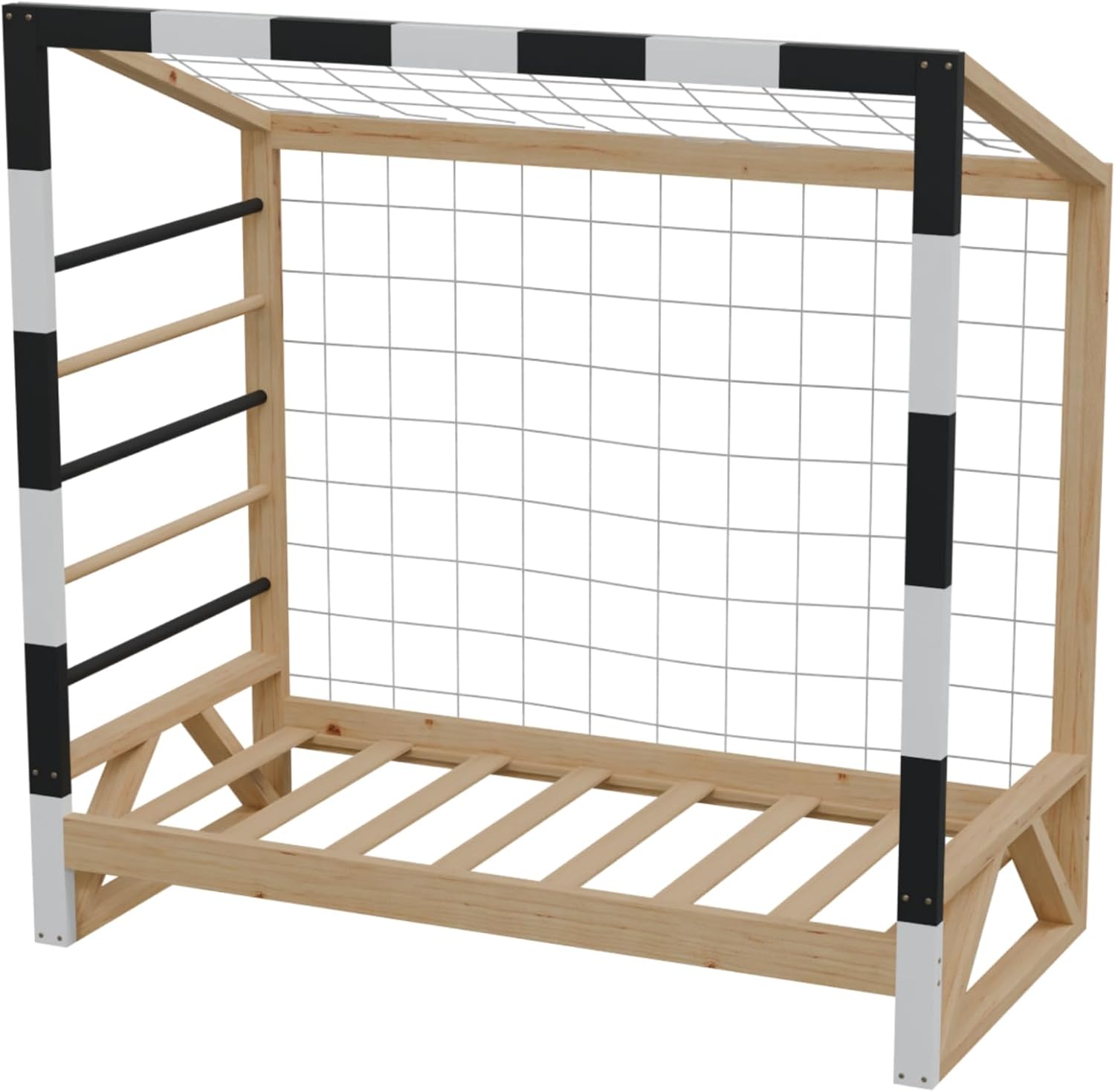 HAGO24 | Kinderbett Fußballtor | Kiefernholz | 70x140cm | Tornetz | Kletterstangen | Lattenrost | Holzrahmen | Kickerbett | Schwarz Weiß | Belastbar 80kg