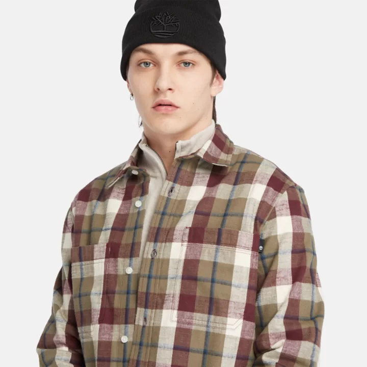 Camisa de flanela Windham para homem em tons de borgonha/cinza/bege.