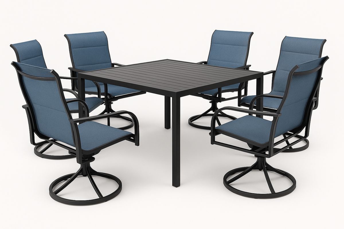Gartenmöbel-Set aus Metall mit quadratischem Tisch und 6 drehbaren Stühlen Blau