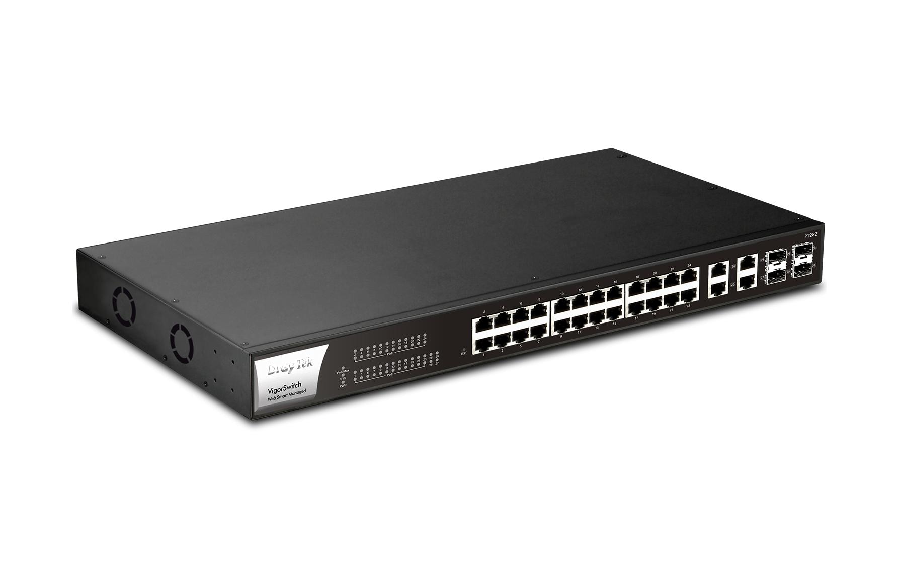 PoE+ Switch VigorSwitch P1282 28 Port<br>Vielseitiger 24-Port PoE+ Gigabit Managed Switch mit 56 Gbps Switching-Kapazität und umfassenden Sicherheitsfunktionen
