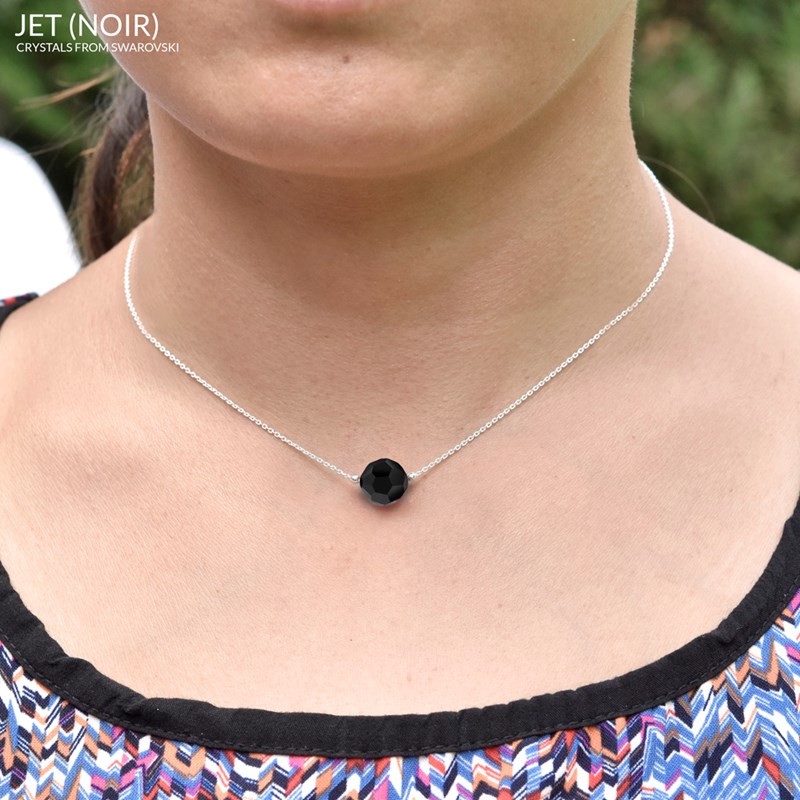 Collier ras du cou en argent 925 rhodié avec perle ronde à facette noire crystal Swarovski
