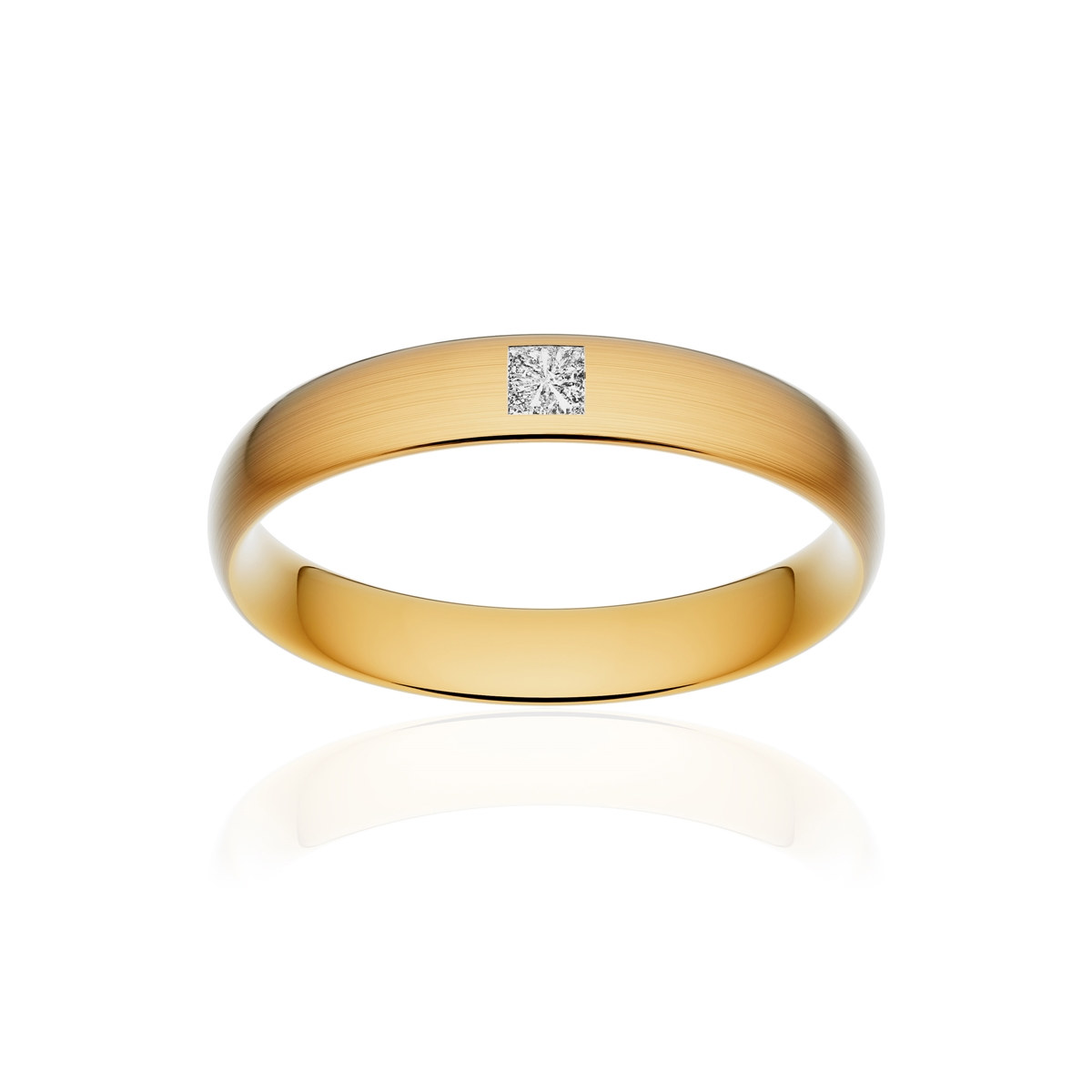 Alliance or 750 jaune brossé demi-jonc confort 4mm diamant princesse
