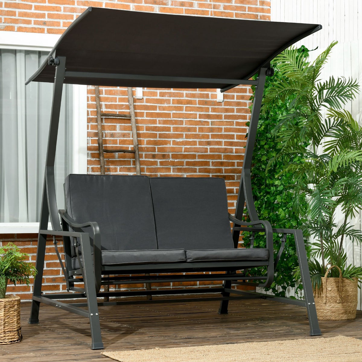Outsunny Hollywood Swing, 2-zits tuinschommel met verstelbare parasol, zitkussen, voor balkon, donkergrijs, 148 x 129 x 172 cm, staal, donkergrijs