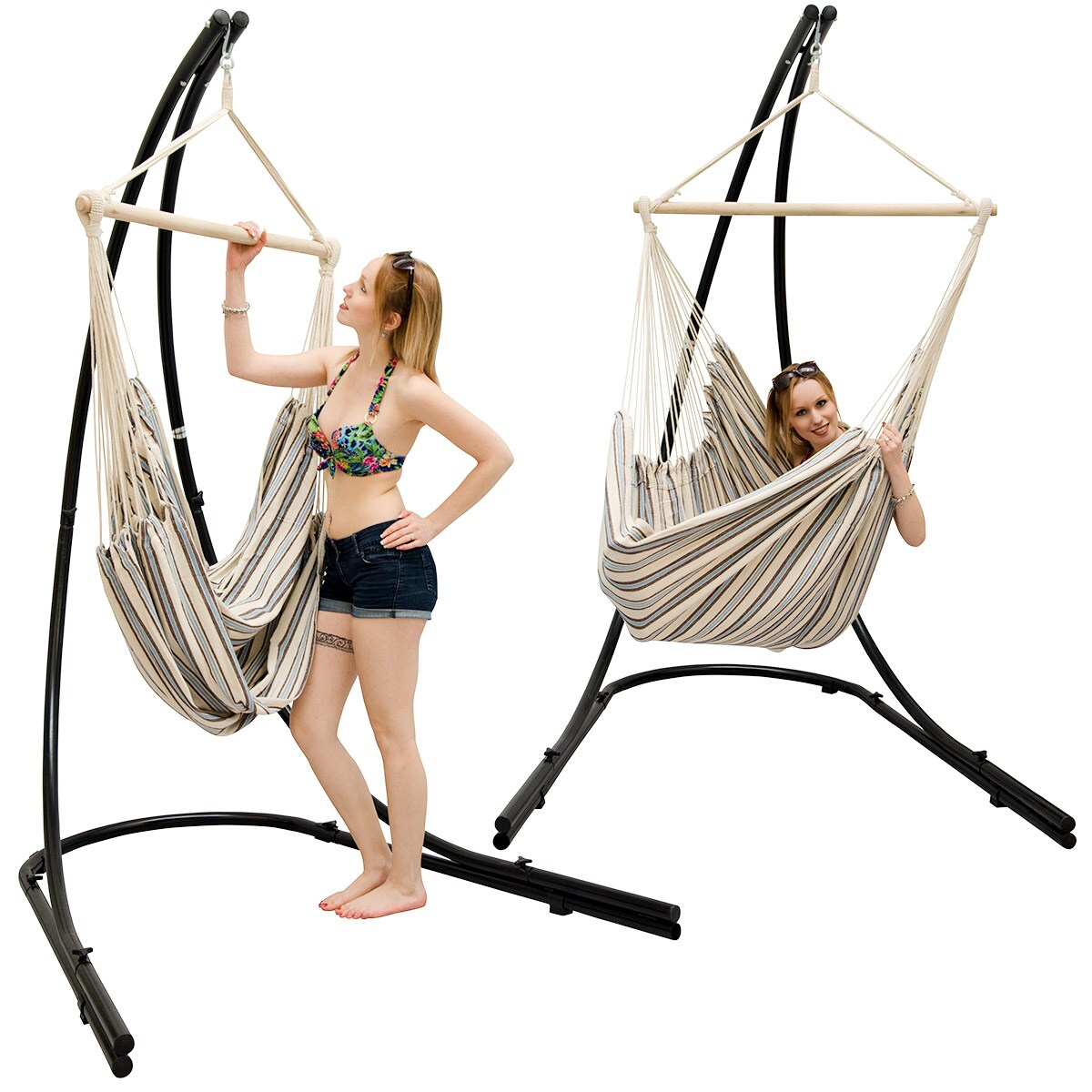 Freistehendes Stahl-Hängestuhlgestell 210cm inkl. XXL Hängesessel aus Baumwolle mit Swivel 185x130cm