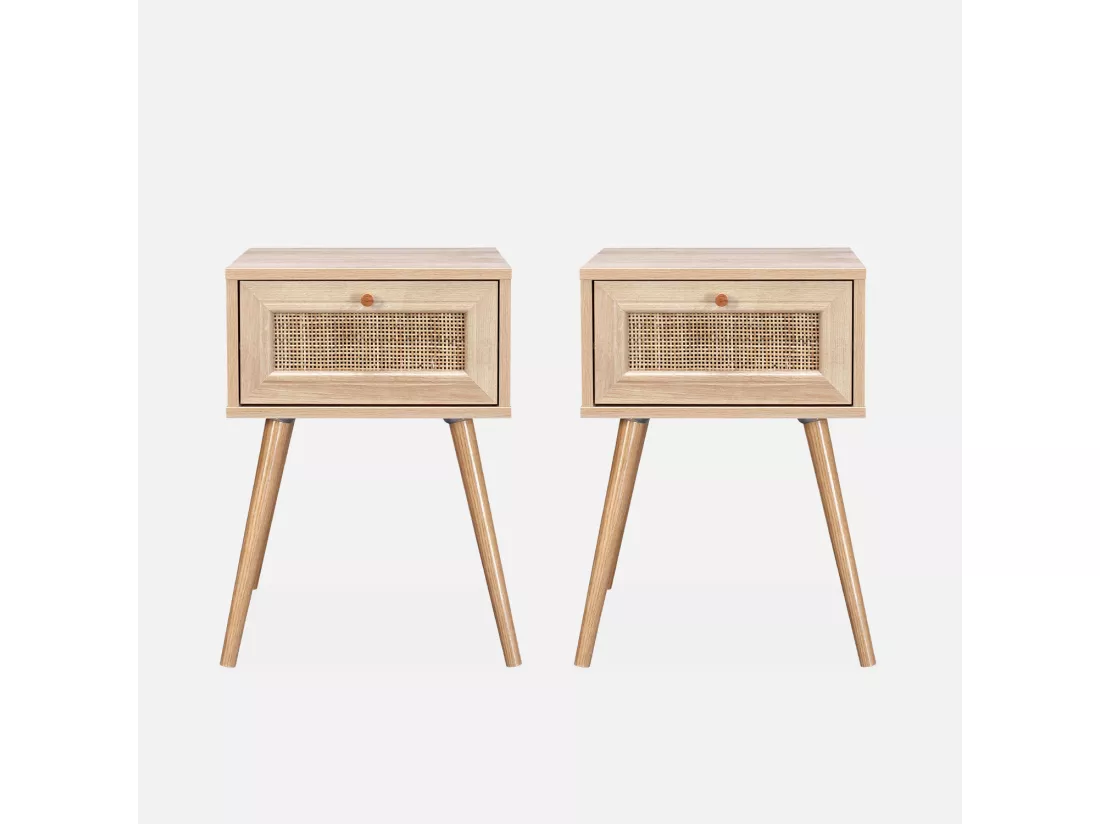 Lot de 2 tables de chevet effet bois & cannage avec 1 tiroir - Bohème
