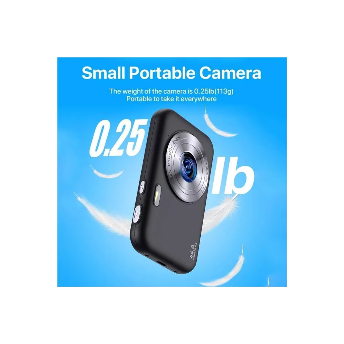 Digitalkamera 1080P 44MP 16x zoom 2,4-tommers skjerm, 32 GB minnekort Sort