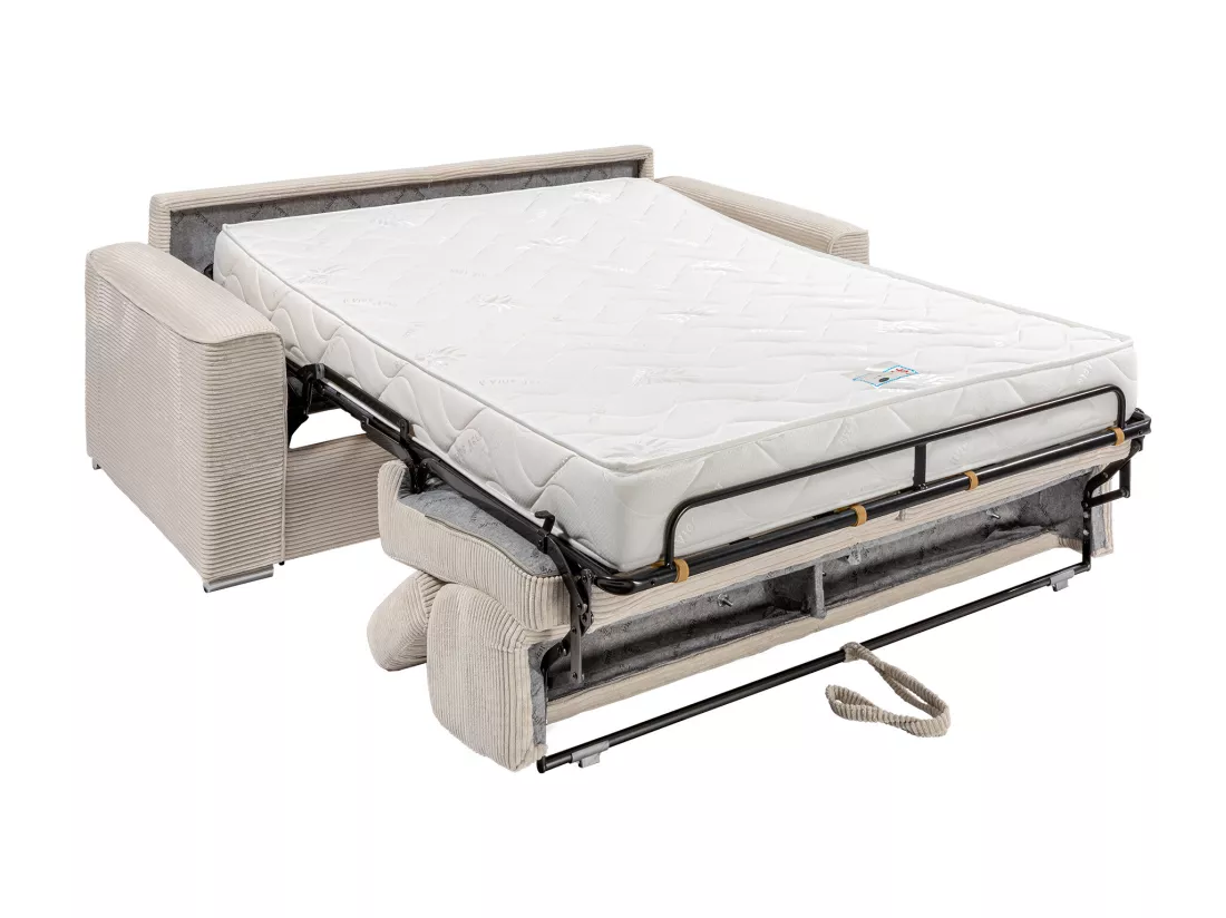 Canapé 4 places convertible express en velours côtelé beige - Couchage à lattes larges 160 cm - Matelas 18 cm - VIZIR