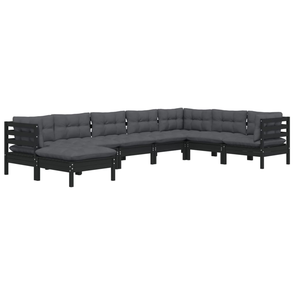 Salon de jardin meuble d'extérieur ensemble de mobilier 8 pièces avec coussins noir bois de pin solide