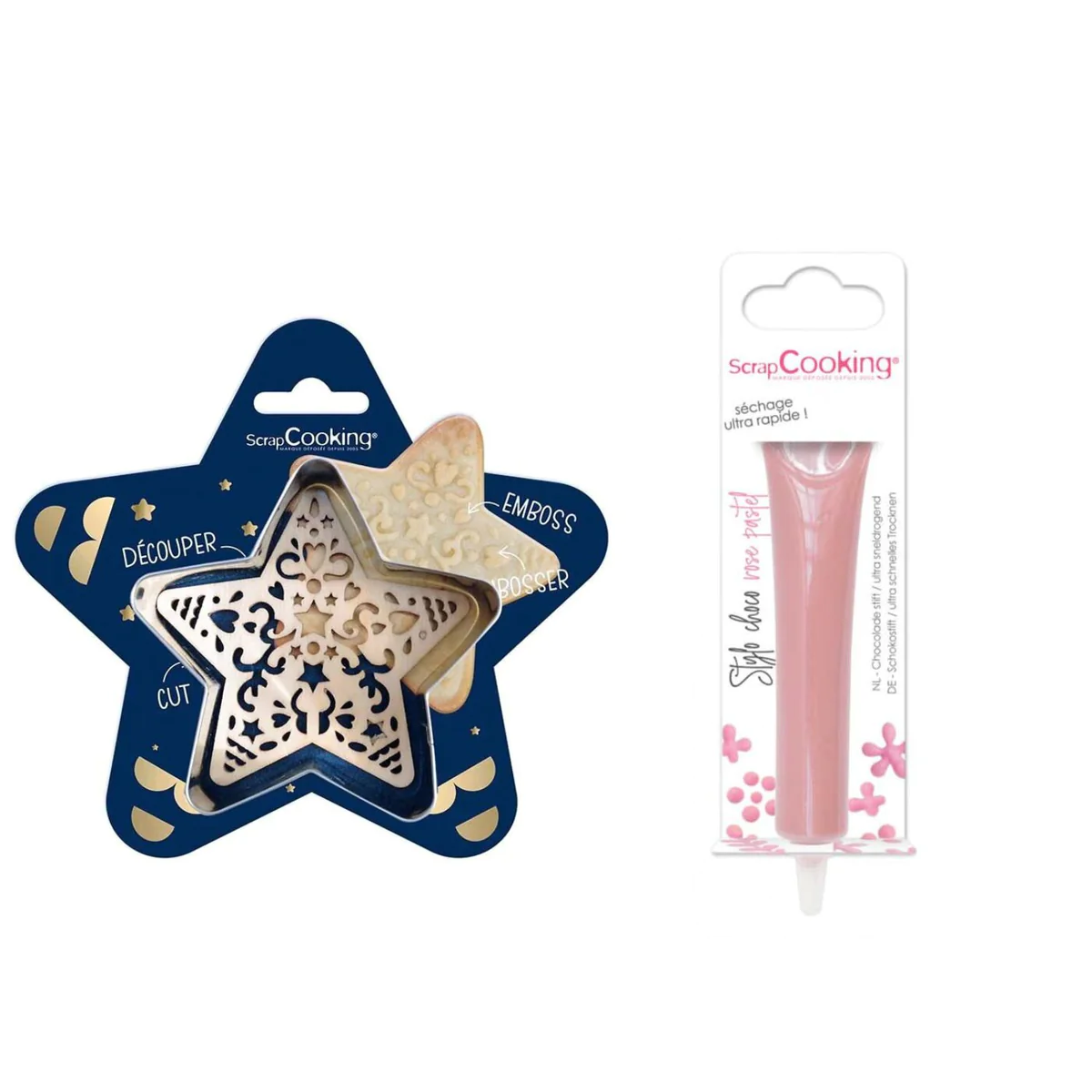 Kit pour biscuit en relief Étoile + Stylo au chocolat rose pastel Scra