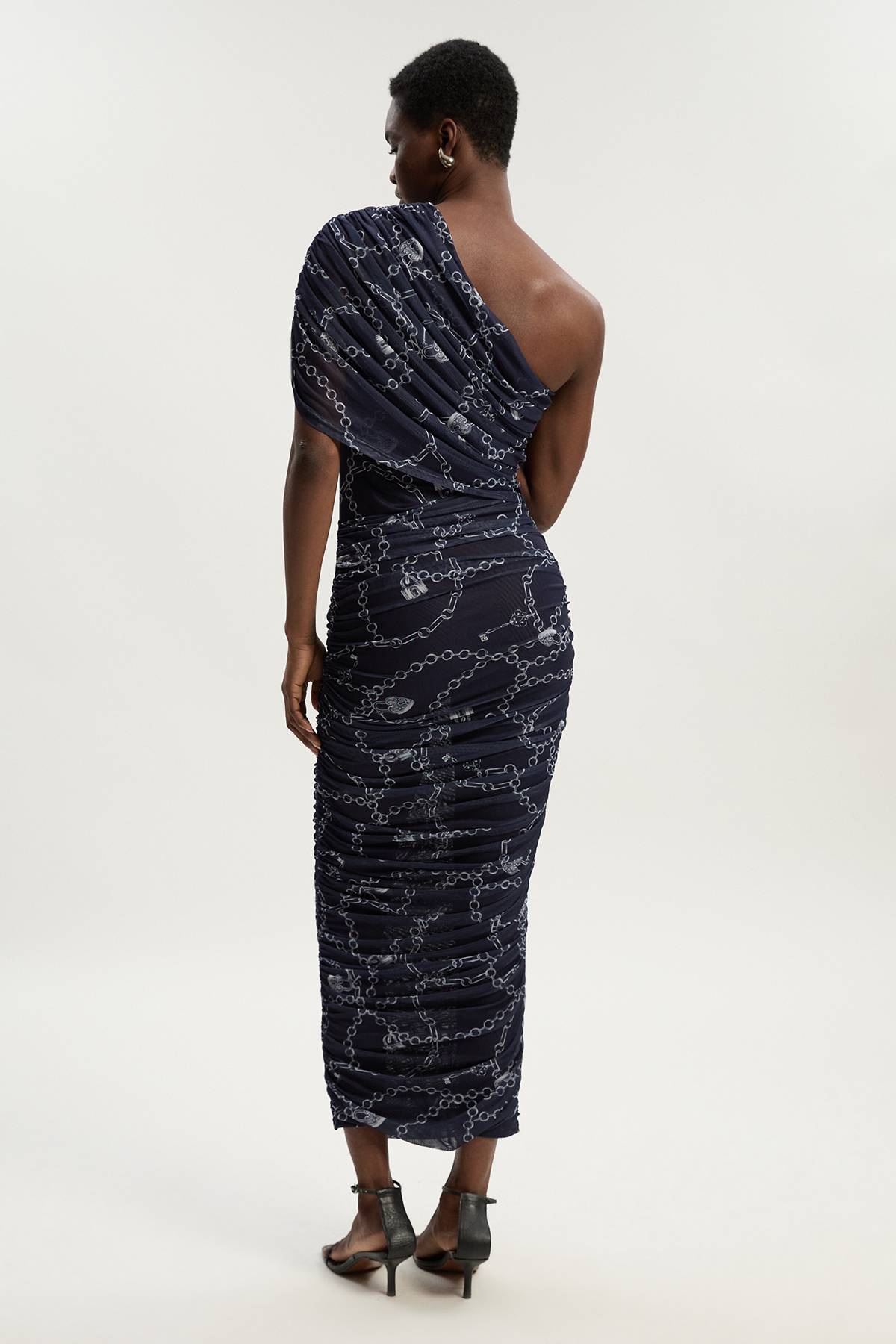 KarenMillen Robe Mi-Longue Asymétrique en Maille Imprimé Chaîne Petite Taille