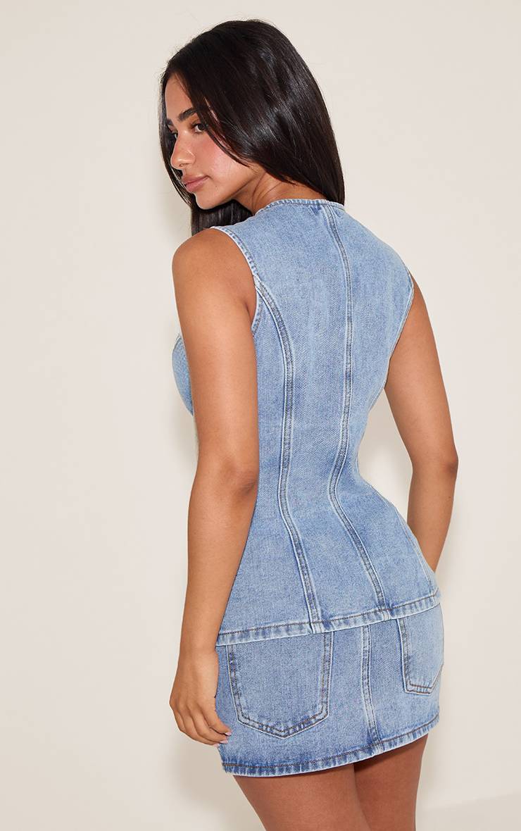 Light Blue Wash Haut Débardeur En Denim Avec Détails Contrastés Petite