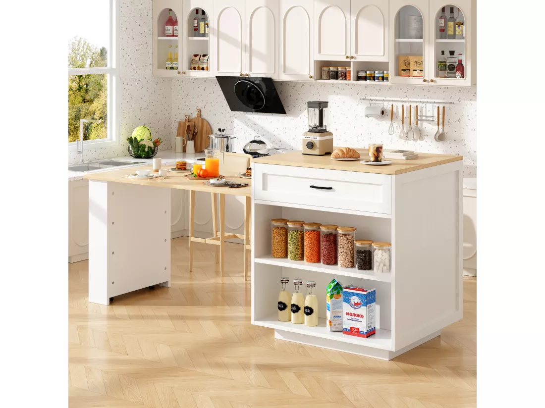 Îlot de cuisine moderne - 133-202 x 70 x 93,5 cm - 2 tiroirs et 2 compartiments pour 2-6 personnes, MDF, Blanc