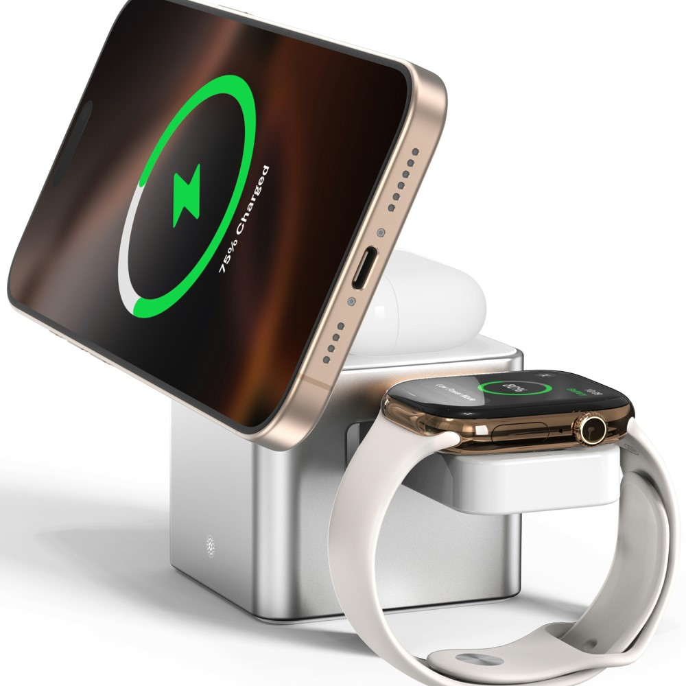 (15W) 3in1 Magnetisches Ladegerät Qi2 Wireless Charger Ladestation für Apple iPhone / Apple Airpods / Apple Watch - Silber