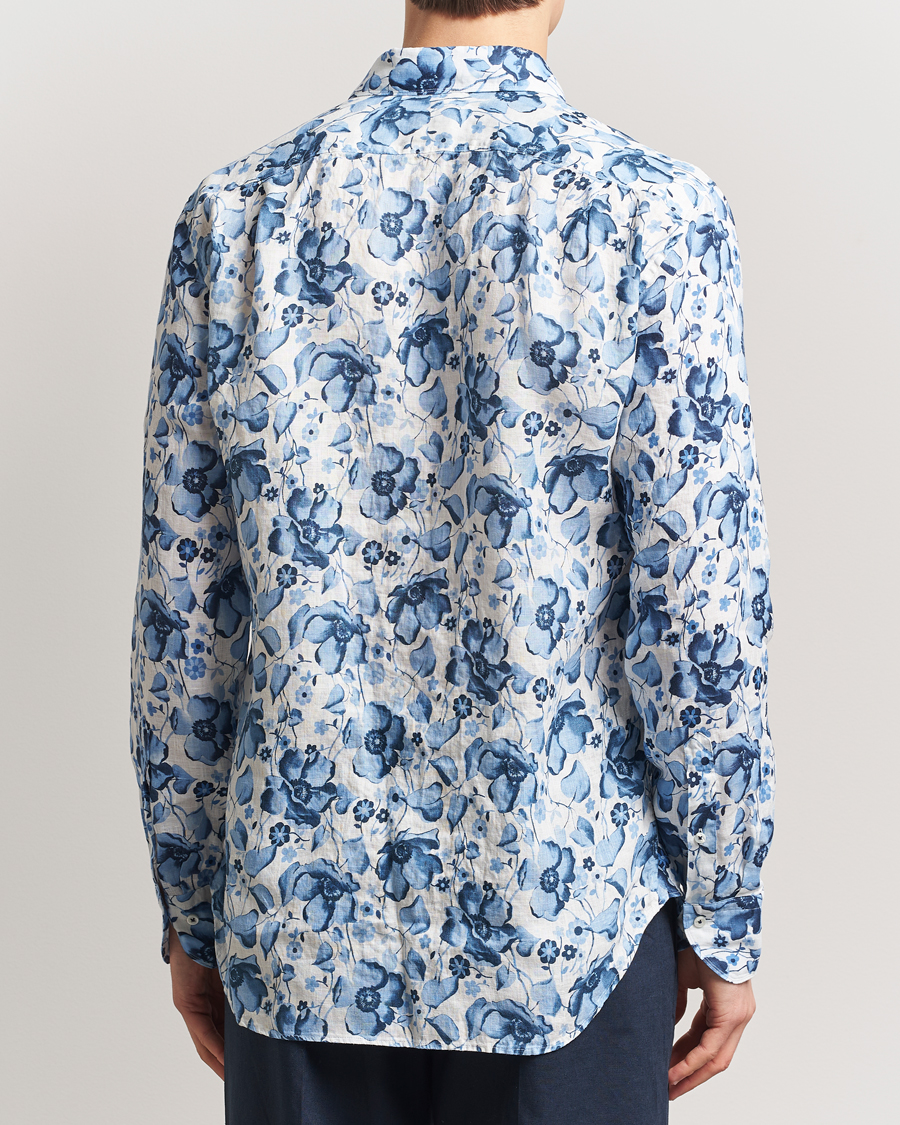 Stenströms Fitted Body Flower Printed Linen Shirt Blue