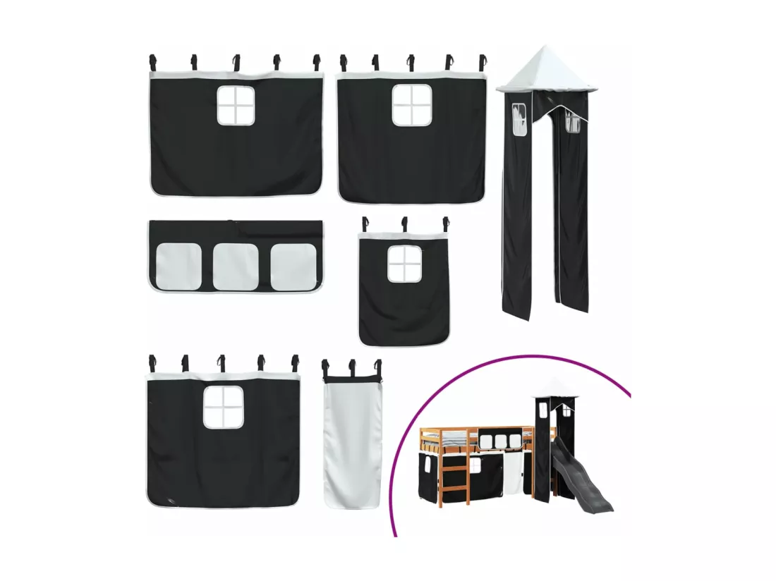 Lit mezzanine enfants et tour blanc/noir 90x200 cm pin massif
