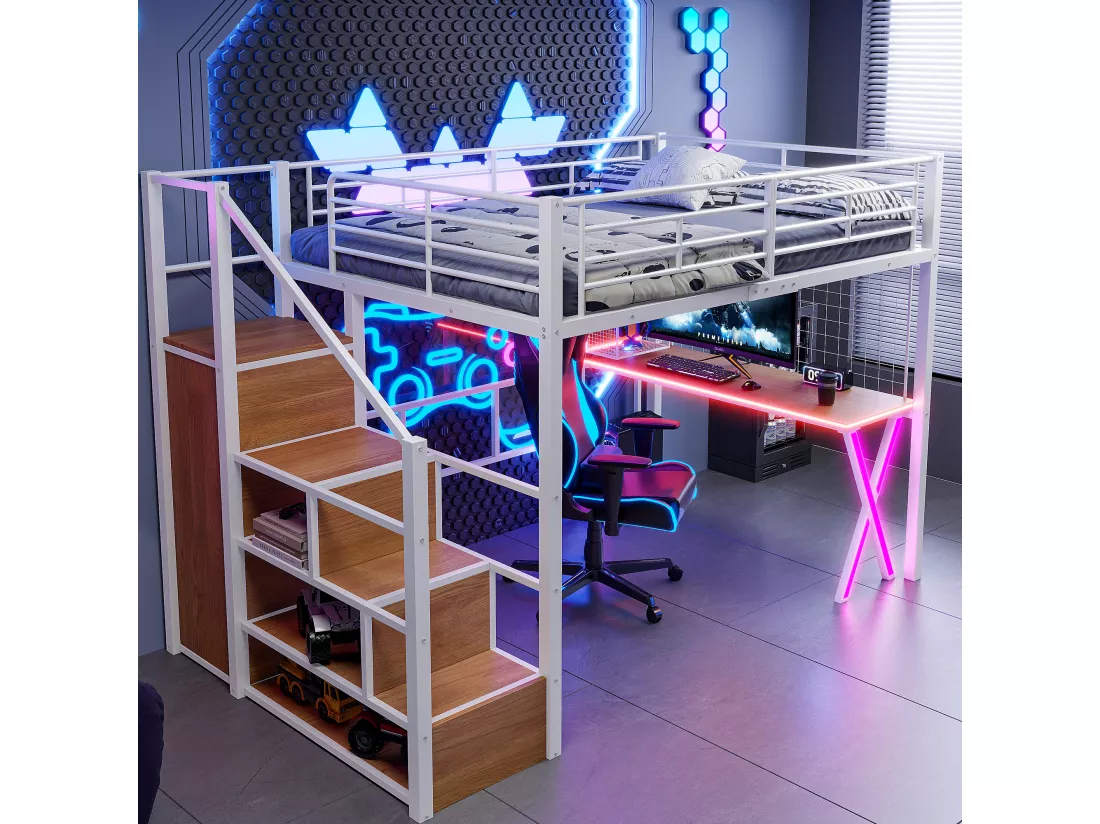 Lit mezzanine 140 x 200 cm avec bureau, penderie, étagères - Lumière d'ambiance - Métal - Blanc (sans matelas)