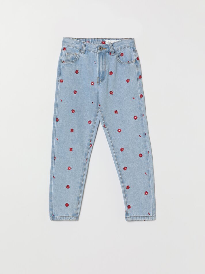 Calça jeans mom fit bordada - Azul-marinho