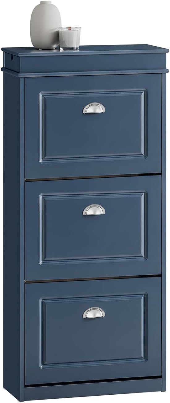 SoBuy Schuhschrank mit Schublade und Haken- Schuhregal Schuhkipper Schmal – 3 Klappen für bis zu 12 Paar Schuhe – Ideal für Flur & kleine Räume – MDF(E1), Blau, 53x24x118cm – FSR94-B