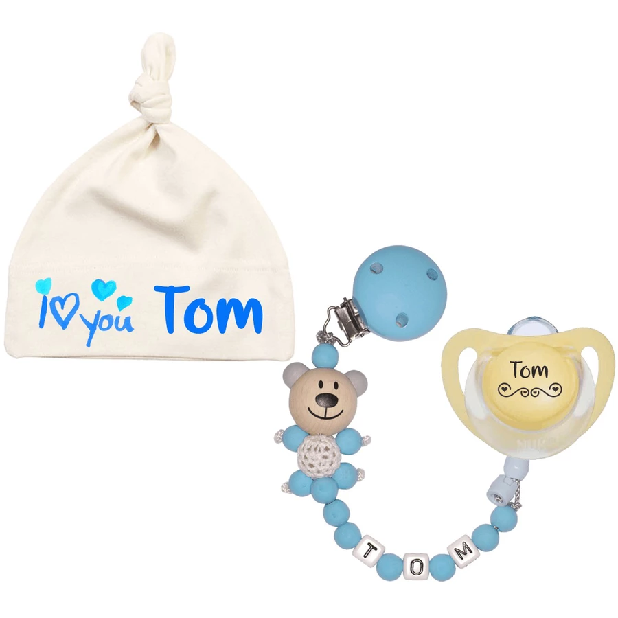 Schnullireich Geschenkset mit Namen I Love You (6-18 Mon) Junge Blau