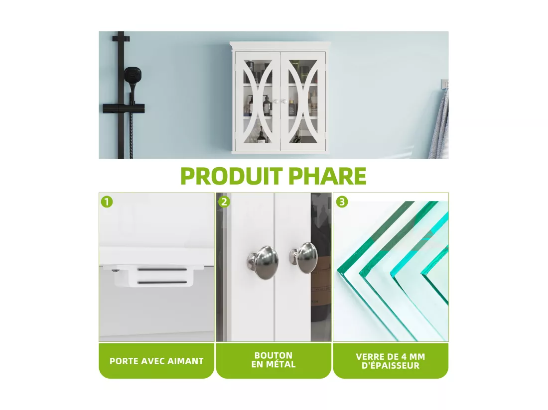 YITAHOME Meuble Mural avec 2 Portes Vitrées, Meuble Haut pour Salle de Bains, Armoire avec Étagère Réglable, Blanc