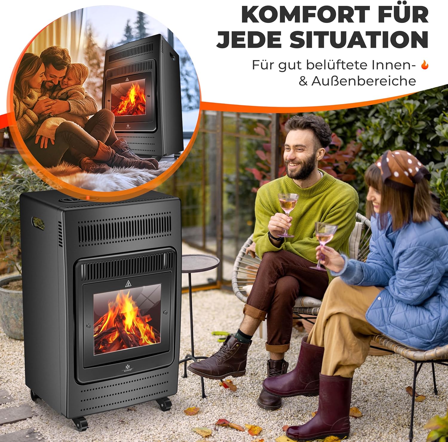 KESSER® Gasheizer Gasheizofen Heizstrahler 3,4 kW Gas Kamin inkl. Gasdruckregler & Gasschlauch, 2 Heizstufen Infrarot 3400W Gasheizstrahler Gasheizung Butan- oder Propangasflaschen bis 11kg Schwarz