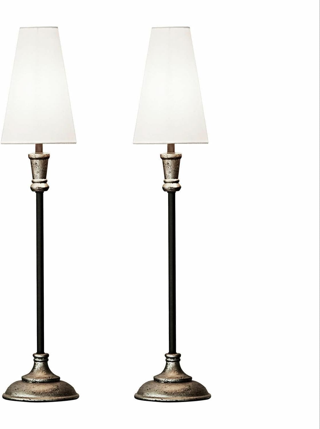 Loberon Tischlampe 2er Set Obsonville, schlanke, hohe Form, klassischer Tütenschirm, Tischleuchte, Wohn-Accessoire, Mangoholz, Eisen, Baumwolle, Silber/schwarz/Creme