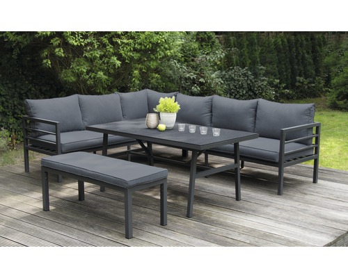 Garden Place Freya Alu 6-persoons 4-delige tuinmeubelset inclusief tafel 150 x 75 x 65 cm met 5 mm spray-stone veiligheidsglas blad en zitkussens, antraciet aluminium