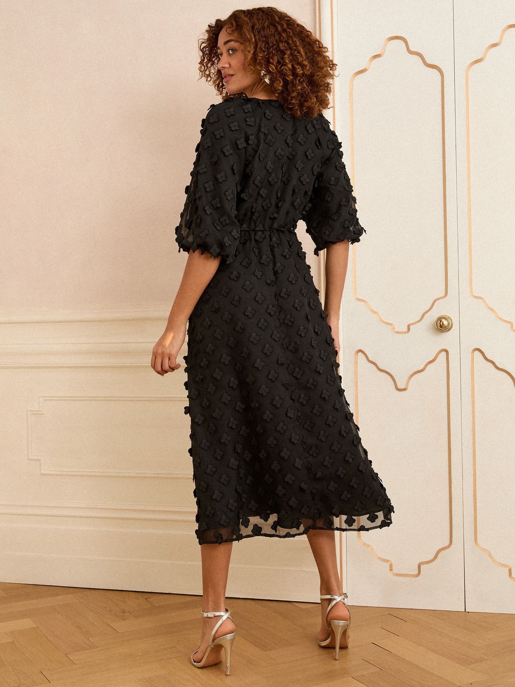 Zwart - Love & Roses 3D Bloemen V-hals midi-jurk met pofmouwen