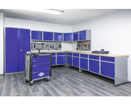 Industriële werkbank B 5.2, 1770 x 880 x 700 mm, 2 deuren, 7 laden, 1 lade, grijs/blauw