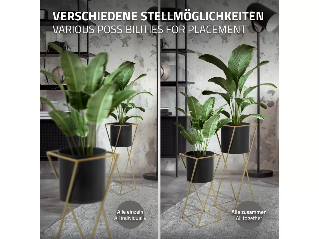ML-Design Support pour fleurs, set de 2, noir-or, 21x21x51/24x24x70,5 cm, acier, support pour pots de fleurs avec cache-pot, support pour plantes en métal, support pour pots de fleurs 2 pièces, pot de plantes déco colonne de fleurs tabouret pour fleu