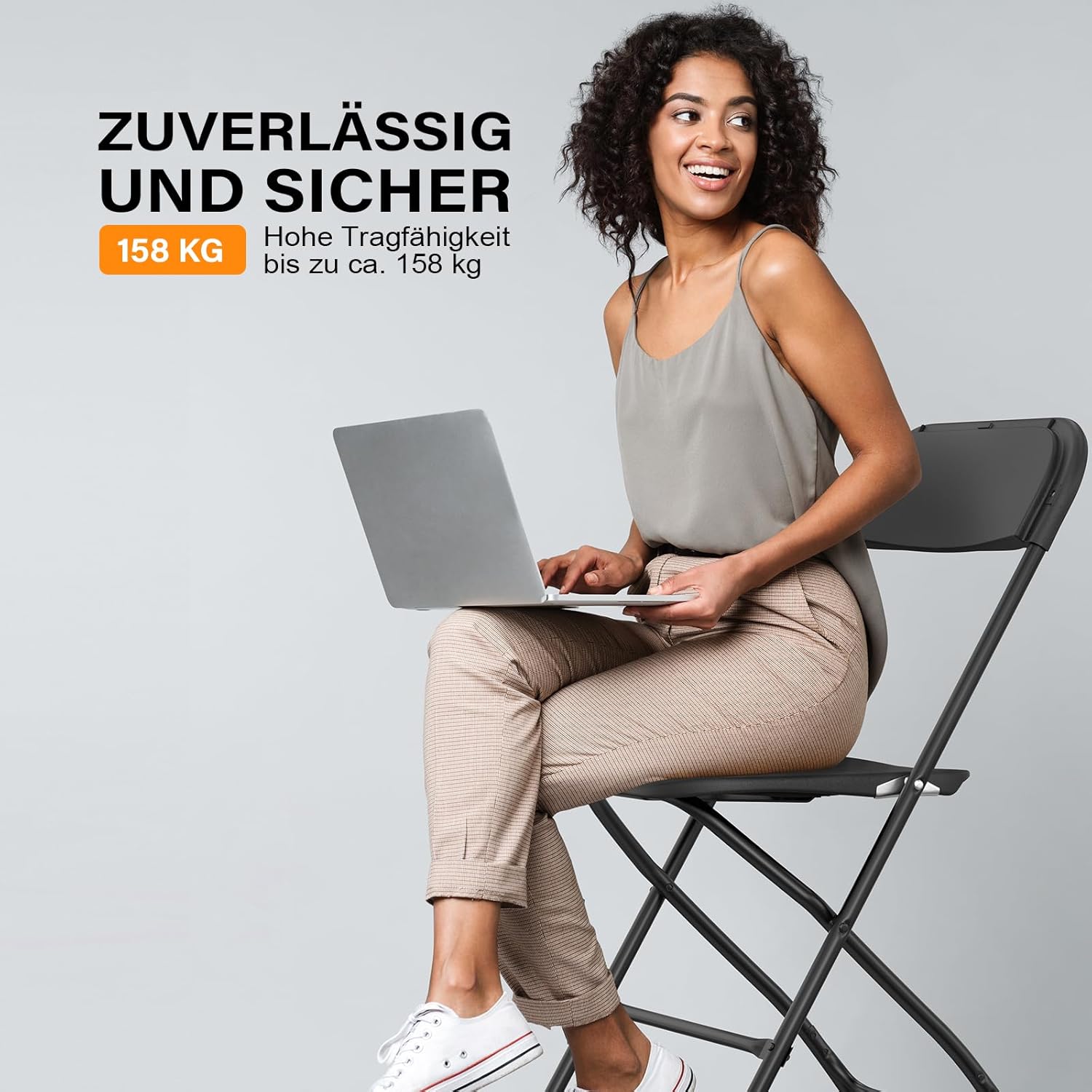 Bonnlo Klappstuhl, Gartenstühle 8er Set, Campingstuhl bis 158KG, Stühle Esszimmer Balkon Büro, Stapelbar, aus Metall & Kunsttoff, Schwarz