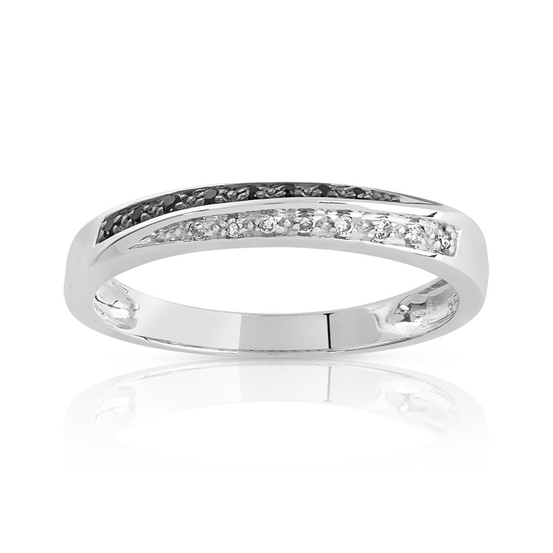 Bague or 375 blanc diamants noirs et blancs