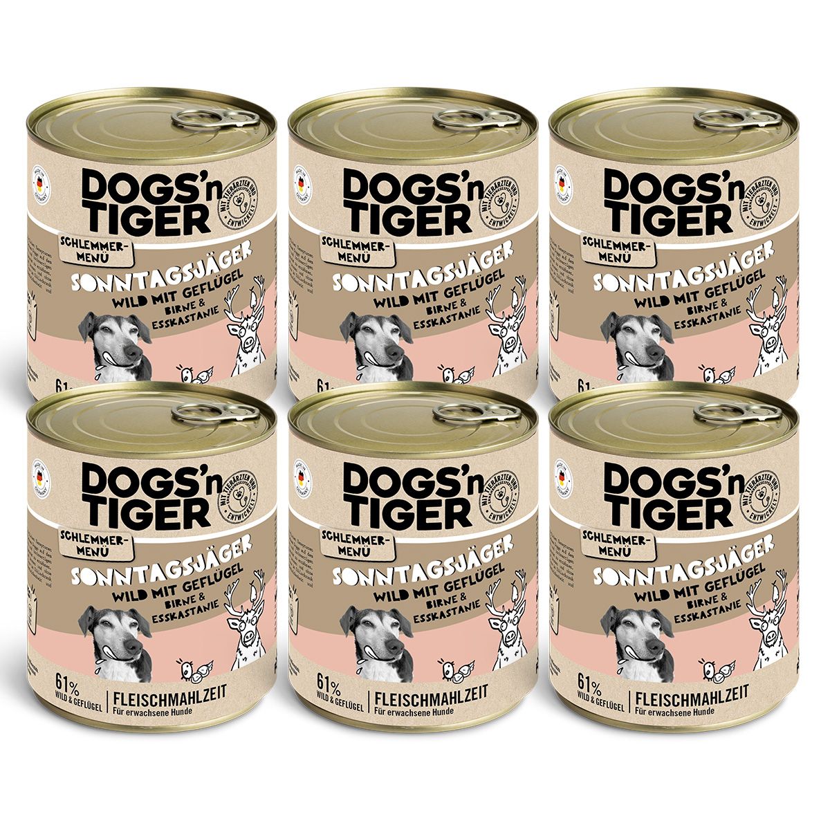 Dogs’n Tiger Adult Hundefutter, Sonntagsjäger, Hunde Nassfutter, Wild, Geflügel, Birne & Karotte