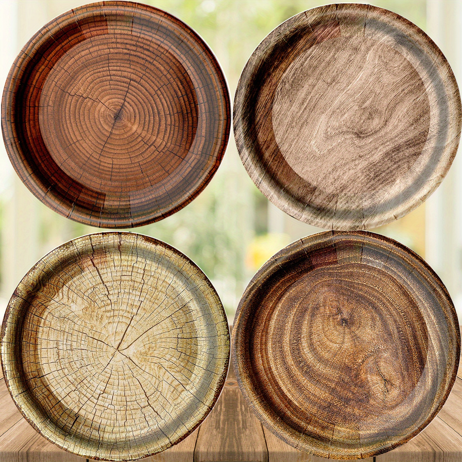 (50er Set) Ø22.5cm Einweg Papier Teller Party Geschirr Tisch Deko im Holz Design - Braun