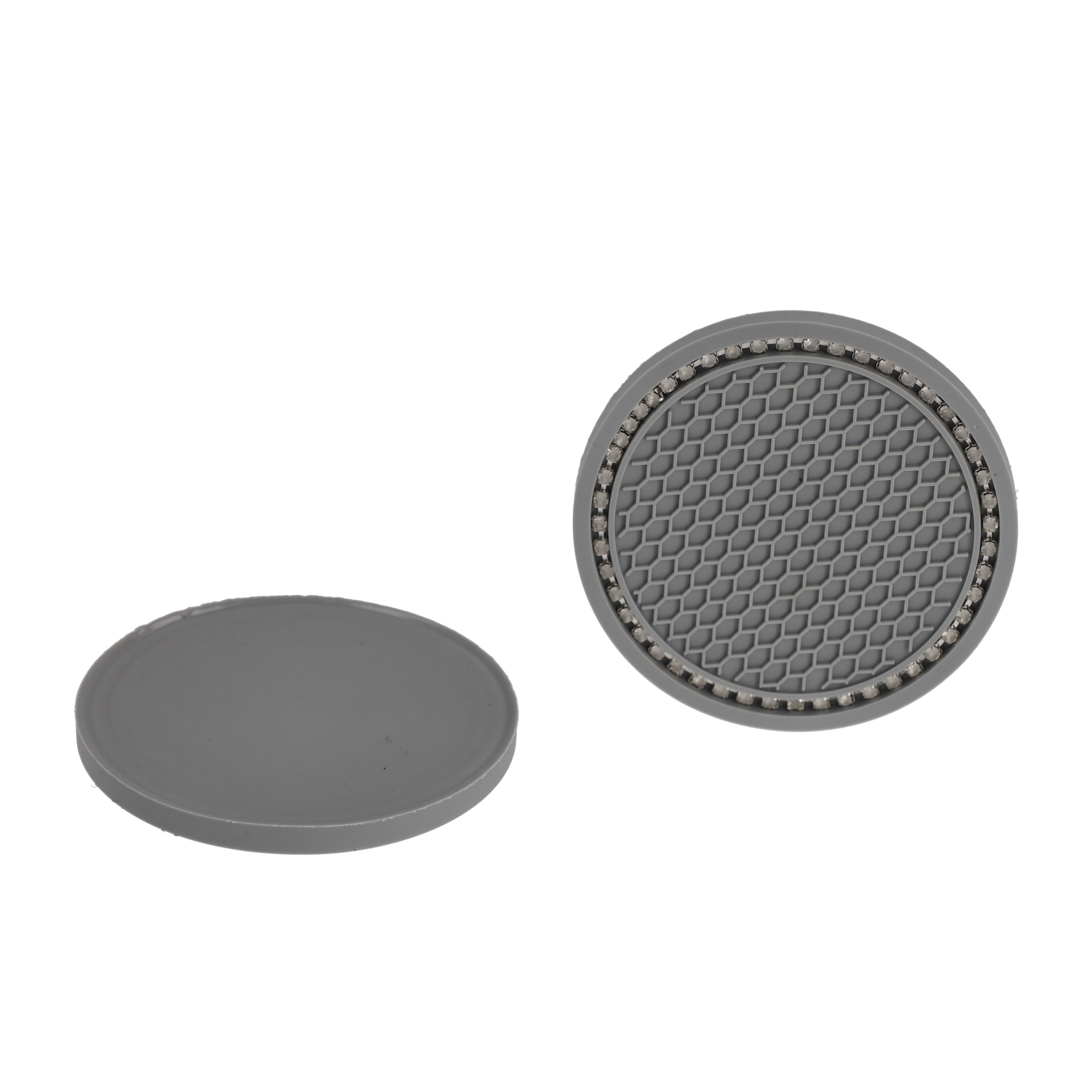 (4er Set) Ø7cm Auto Anti-Rutsch Glitzer Getränke Untersetzer Strassstein Accessoire - Grau / Silber