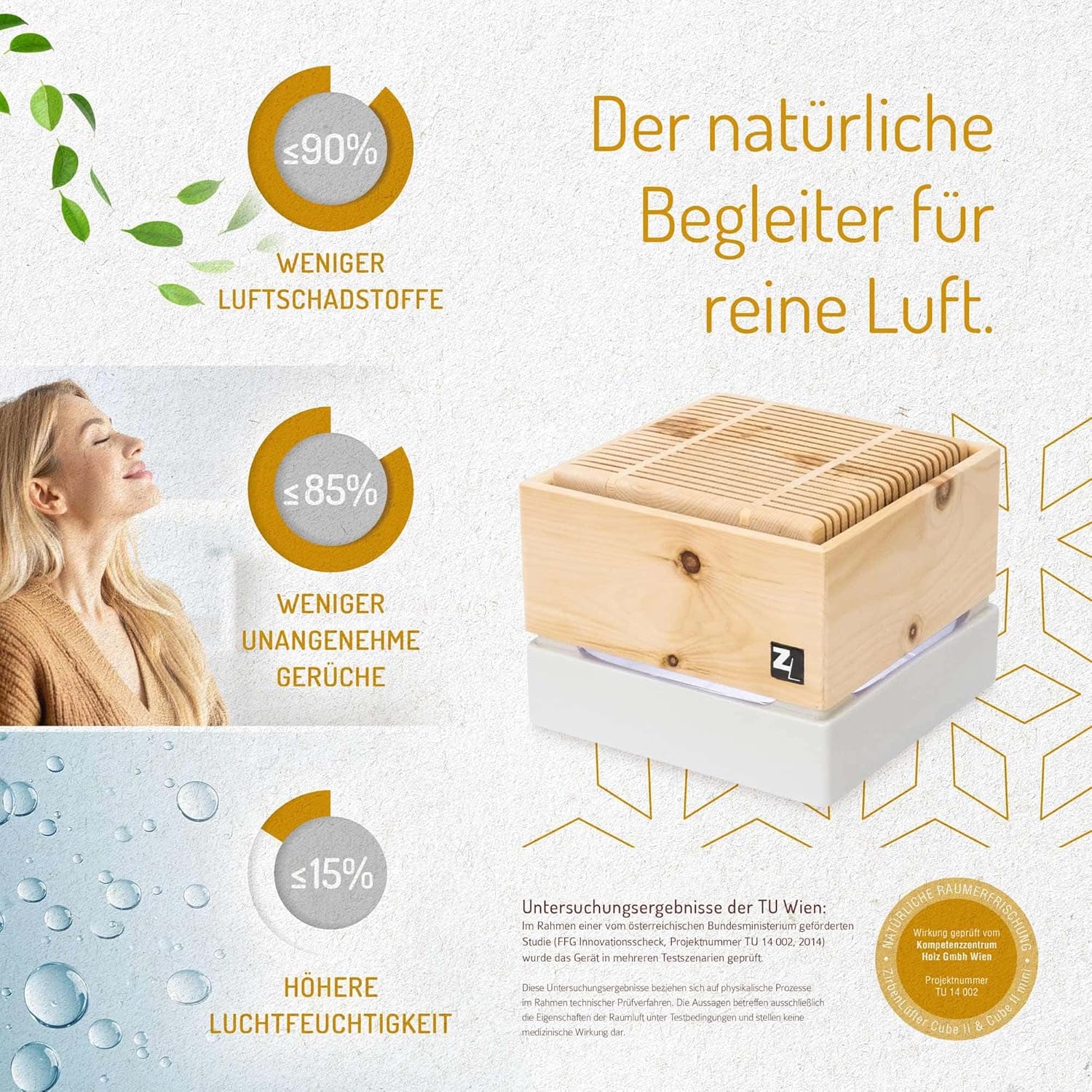 Zirbenluftreiniger Aura CUBE mini II - Zirbenlüfter aus Zirbenholz und Keramik für Räume bis 20 qm | Luftreiniger & Luftbefeuchter mit Fernbedienung & LED-Licht I Natürliches Raumklima