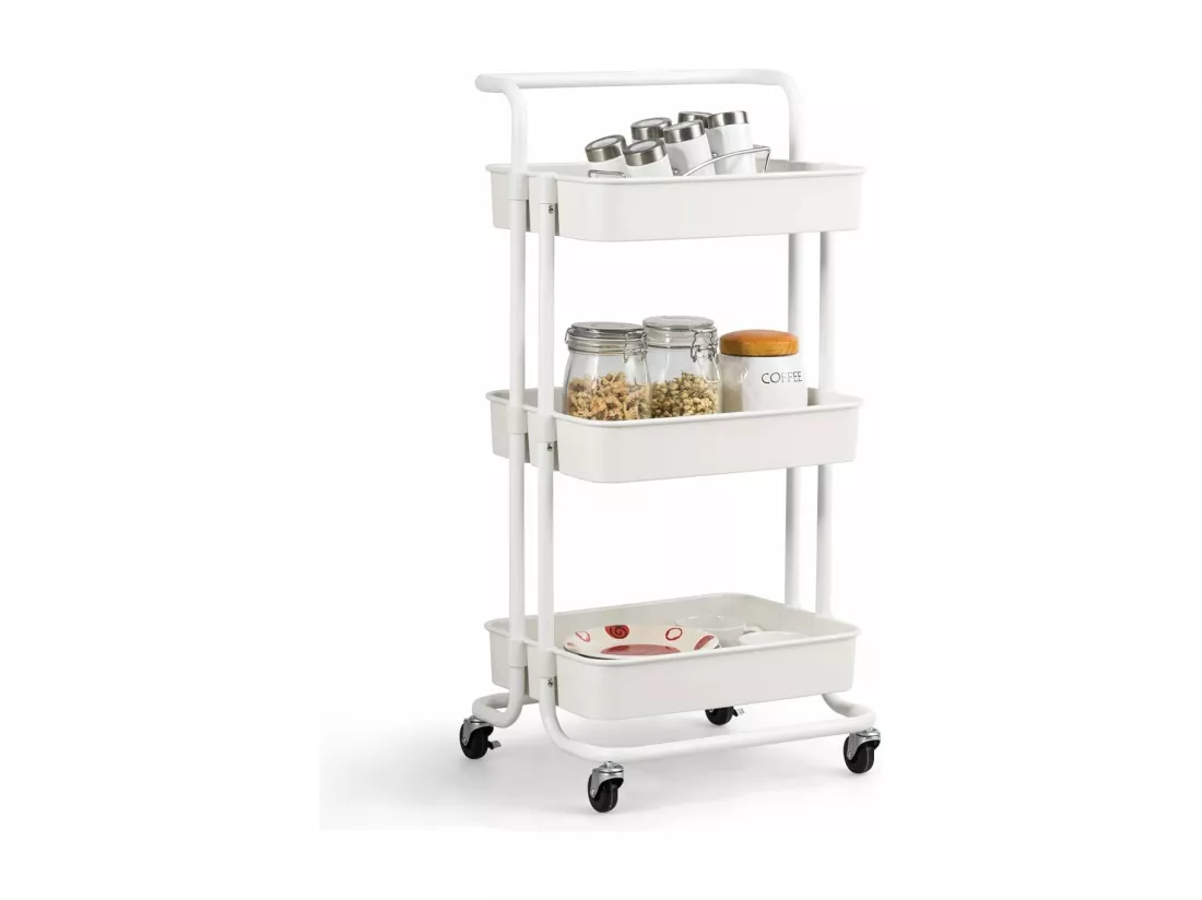 Chariot de Service à Roulettes avec 3 PaniersGrillagés en Métal Anti-Rouille 42 x 35 x 87 CM Charge Max. 60KG（Blanc)